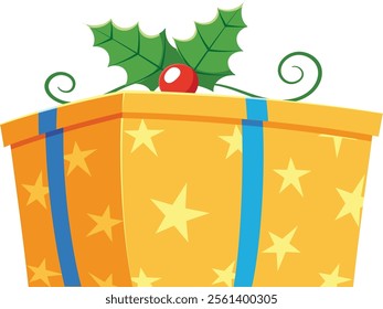 Bright orange Christmas gift adorned with vibrant blue ribbons and festive holly leaves, waiting to be opened during the joyful holiday season, spreading cheer and celebration