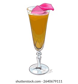 Bright orange cocktail in a champagne glass with a rose petal garnish. Stylish and feminine drink. Vector illustration