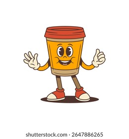 Mascote brilhante da xícara de café laranja com tampa vermelha em pé e acenando a mão enquanto mostra polegares para cima gesto. Adequado para cafés, cafés, marcas. Ideal para logotipos e ícones. Ilustração vetorial