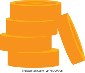 Bright orange coins stacked, coin leaning against stack, vector money concept. Digital currency symbol, cartoon coin illustration, isolated white background. Financial clipart, savings icon, economy