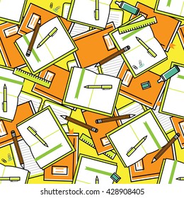 Bright orange color pattern of the books, notebooks, pens, vector seamless pattern learning about education office work. Back to school pattern