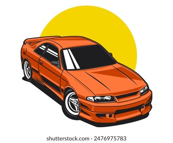 ilustración de diseño de Vector de coche de los años 90 de color naranja brillante