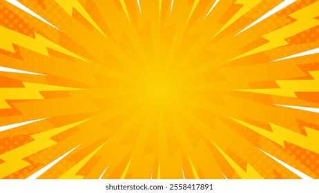 Bright Orange comic lightning effect background with halftone. Pop art comic-style vector background. Suitable for templates, sale banners, events, ads, web and pages