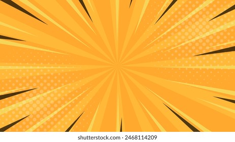 Bright orange comic sunburst effect background with halftone. Sun rays abstract vector background. Suitable for templates, banners, events, ads, sales, web and pages