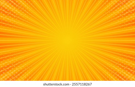 Bright orange comic sunburst effect background with halftone. Pop art comic-style vector background. Suitable for templates, sale banners, events, ads, web and pages