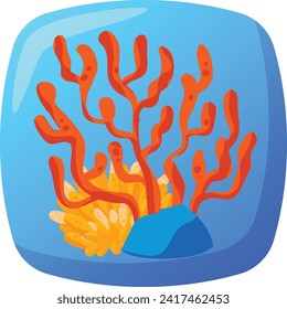 Bright orange coral reef with blue background. Marine ecosystem underwater scene vector illustration.