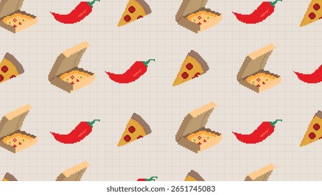 Bright orange design with pixel pizza boxes, chili peppers and toppings icons. Great for fast-food branding or digital culinary design projects with a spicy twist.