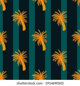 La palmera de doodle de color naranja brillante combina perfectamente con el estilo dibujado a mano. Fondo azulado rayado y negro. Impresión vectorial plana para textiles, tela, giftwrap, papel pintado. Ilustración sin fin.