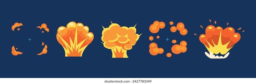Bright Orange Dynamite or Bomb Explosion with Puff Effect Vector Set