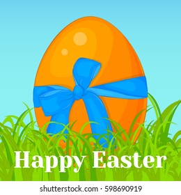 Bright orange Easter egg with blue bow in grass. Holiday background, greeting card, poster or placard template in cartoon style. Vector illustration. 