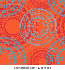 Bright  orange ethnic seamless pattern. All vintage wear located on a separate layer. All elements of the pattern are conveniently grouped and easily editable