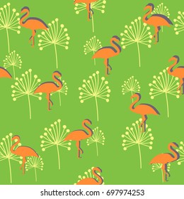 Bright orange flamingos casting shadows on a light green background with golden leaves of exotic plants, seamless pattern of exotic birds. Freehand stylized drawing vector design.

