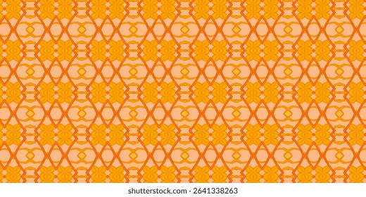 Bright orange floral pattern with symmetrical ethnic motifs. Ideal for textiles, batik, or bohemian-style design.