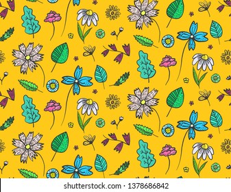 Bright orange floral seamless pattern with contrast colorful doodle flowers and leaves. Childish naive texture with blossoms and herbs for textile, wrapping paper, surface, wallpaper, background