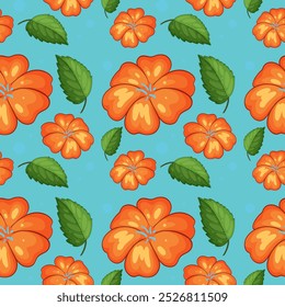 Bright orange flowers with green leaves on blue