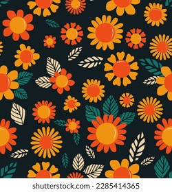 Bright orange flowers on black background seamless pattern vector illustration