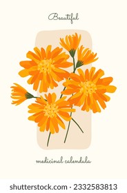 bright orange flowers on a light background. cozy poster with a bright bouquet of marigolds