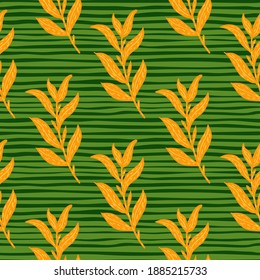 Bright orange foliage print seamless botanic pattern. Striped green background. Nature backdrop. Designed for fabric design, textile print, wrapping, cover. Vector illustration.
