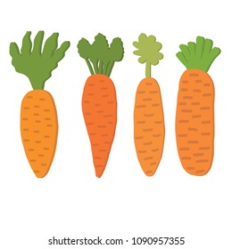 Bright orange four vector cute cartoon carrot, isolated on white background. Vegetarian dieting food. 