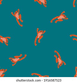 Bright orange frog doodle seamless pattern in hand drawn style. Turquoise background. Nature animal print. Stock illustration. Vector design for textile, fabric, giftwrap, wallpapers.
