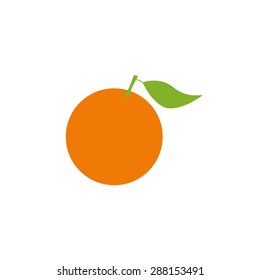 Bright orange fruit with big green leave isolated on white background. Logo template, design element, vegetarian menu decoration. Flat style illustration