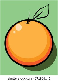 Bright orange fruit with big leave isolated on green background. Logo template, design element, vegetarian menu decoration. Flat style illustration