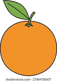 A bright orange fruit depicted in a simple cartoon style, complete with a green leaf and stem.