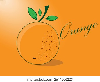 Bright orange fruit is illustrated with green leaves beside the word orange on a vibrant orange background.