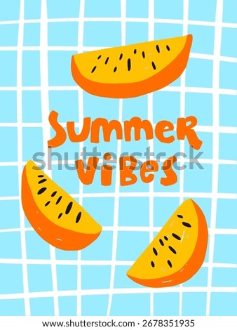 Bright orange fruit slices are arranged on a light blue grid background, creating a playful and cheerful atmosphere that represents the joyful essence of summer vibes.