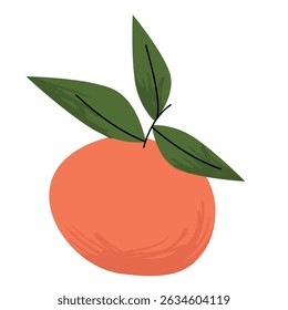 Bright orange fruit with three vivid green leaves in a hand drawn flat style. Perfect for designs related to citrus, summer drinks, organic markets, or vitamin rich foods. 