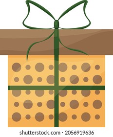 Bright orange gift box for New Year, birthday, Valentine s Day and other holidays. Festive pink gift box decorated with brown circles and a green bow. Gift box, vector illustration, isolated