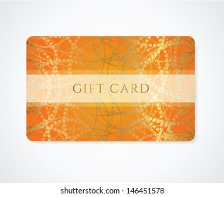 Bright Orange Gift card, Business card, Discount card template with abstract golden pattern and frame. Design for voucher, coupon, invitation, ticket. Vector