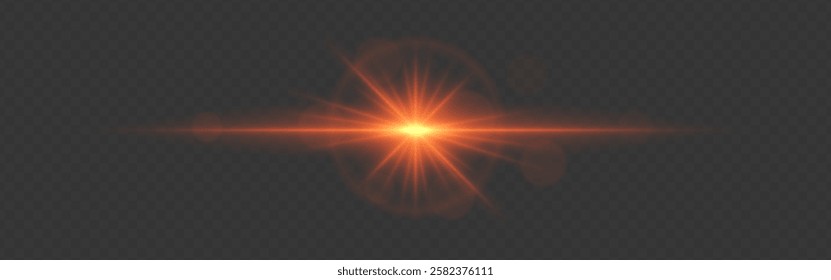 Bright orange glowing light flare with horizontal lens flare effect. Transparent background. Abstract digital illumination for design and overlay effects