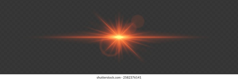 Bright orange glowing light flare with horizontal lens flare effect. Transparent background. Abstract digital illumination for design and overlay effects