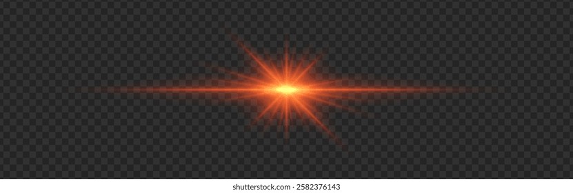 Bright orange glowing light flare with horizontal lens flare effect. Transparent background. Abstract digital illumination for design and overlay effects