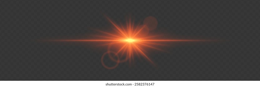 Bright orange glowing light flare with horizontal lens flare effect. Transparent background. Abstract digital illumination for design and overlay effects