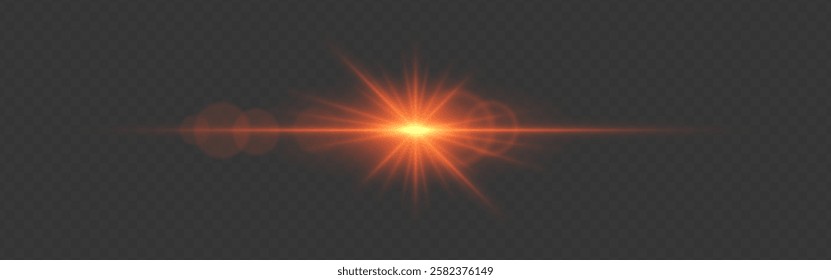 Bright orange glowing light flare with horizontal lens flare effect. Transparent background. Abstract digital illumination for design and overlay effects