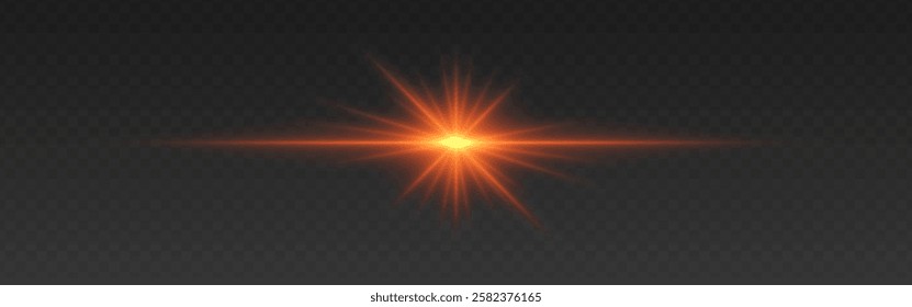 Bright orange glowing light flare with horizontal lens flare effect. Transparent background. Abstract digital illumination for design and overlay effects