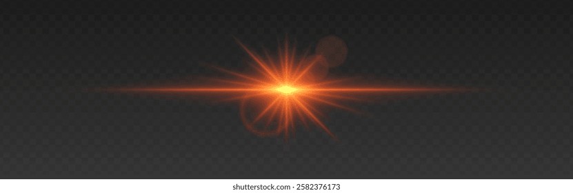 Bright orange glowing light flare with horizontal lens flare effect. Transparent background. Abstract digital illumination for design and overlay effects