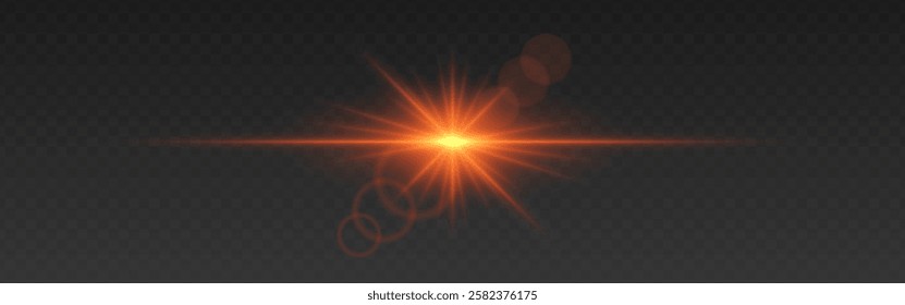 Bright orange glowing light flare with horizontal lens flare effect. Transparent background. Abstract digital illumination for design and overlay effects