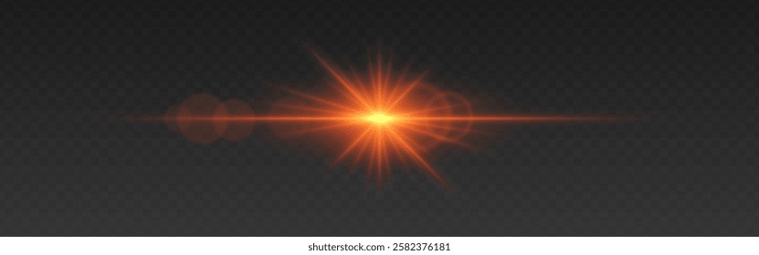 Bright orange glowing light flare with horizontal lens flare effect. Transparent background. Abstract digital illumination for design and overlay effects