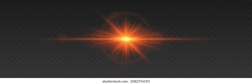 Bright orange glowing light flare with horizontal lens flare effect. Transparent background. Abstract digital illumination for design and overlay effects