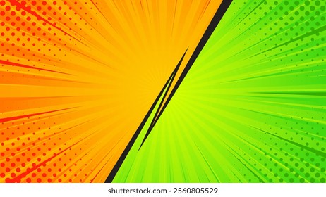 Bright orange and green comic cartoon background. Abstract pop art comic sunburst effect with halftones. Suitable for thumbnails, templates, banners, events, ads, web, and pages