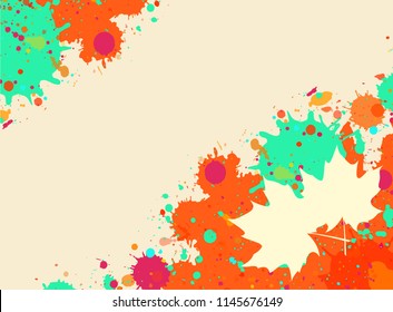 Bright orange and green watercolor paint splatter frame with autumn maple leaves, horizontal format.