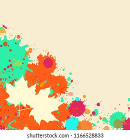 Bright orange and green watercolor paint splatter frame with autumn maple leaves, square format.