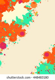 Bright orange and green watercolor paint splatter frame with autumn maple leaves, vertical format.