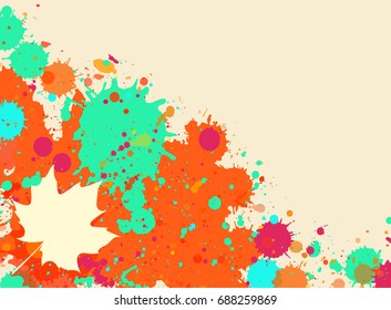 Bright orange and green watercolor paint splatter frame with autumn maple leaf, horizontal format.