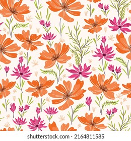 Bright Orange hand drawn vector seamless Flowers and leaves Pattern