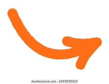 Bright orange hand-drawn arrow pointing up and to the right. Curved shape with textured lines. Vector illustration.