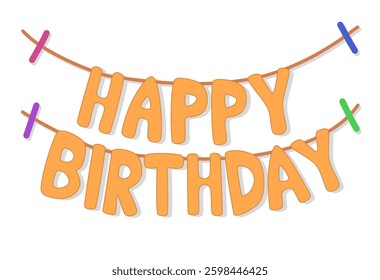 Bright Orange Happy Birthday Vector Garland Text with Colorful Clips for Festive Party Decor, Greeting Cards, and Celebration Designs with Playful Style, Vector Design